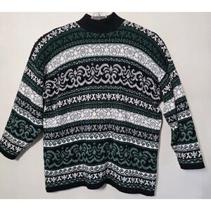 Vintage Adele Knitwear Sweater Women's Size 2X Made In USA Fair Isle Green Black